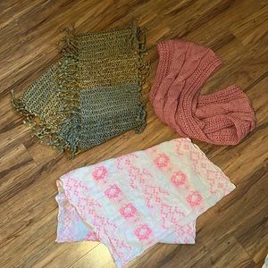 Three infinity scarf (scarves) pre bundled! Pink, green, yellow, and white!